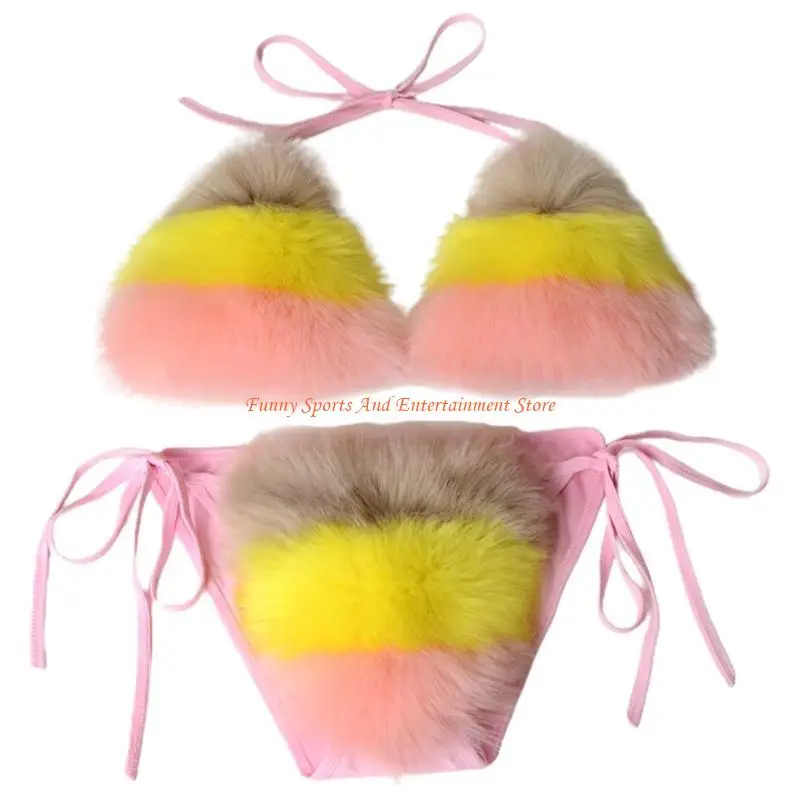 

C4DE женский сексуальный комплект бикини из 2 предметов из искусственного меха в радужную полоску с завязкой на шее, купальник,