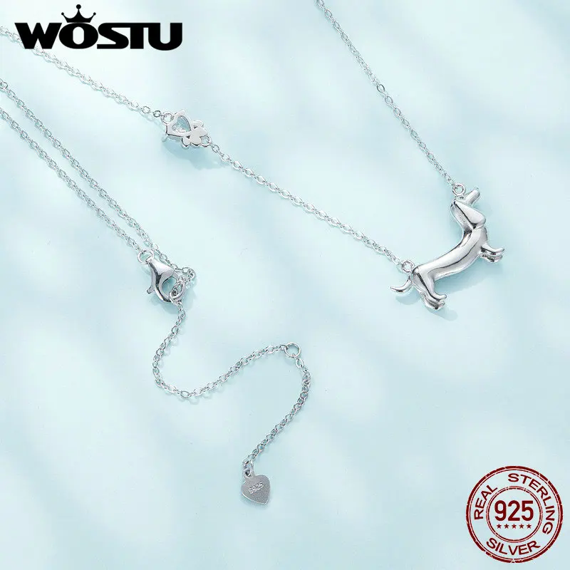 WOSTU Solid 925 Sterling Silver Cute Dachshund Dog Pendant Necklace S925 Animal Pet Paw Zircon Links Necklace Girl Birthday Gift