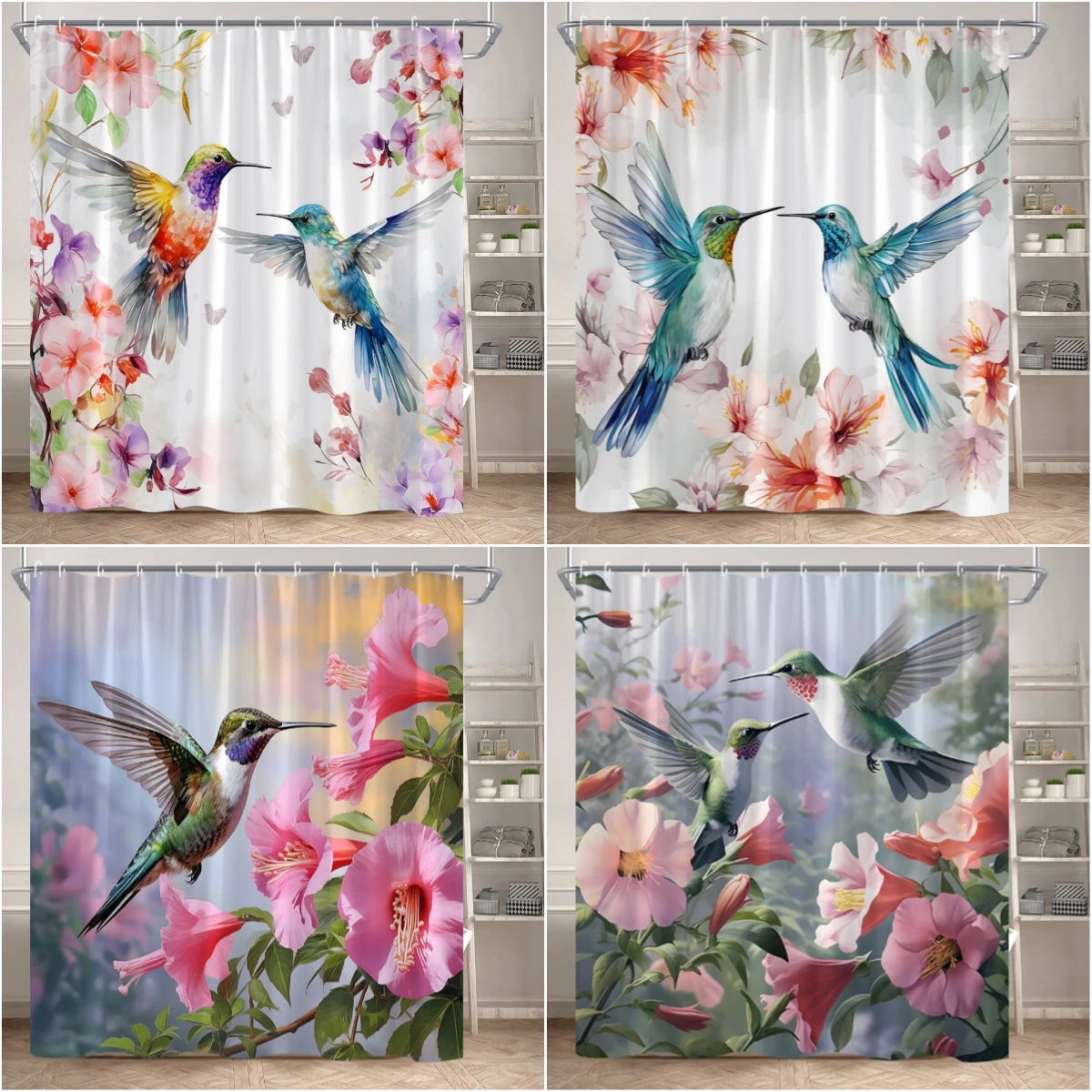 

Floral Shower Curtain Spring Watercolor Farm Hummingbird Butterfly Green Leaf Modern Polyester Fabric Bathroom Curtain Washable