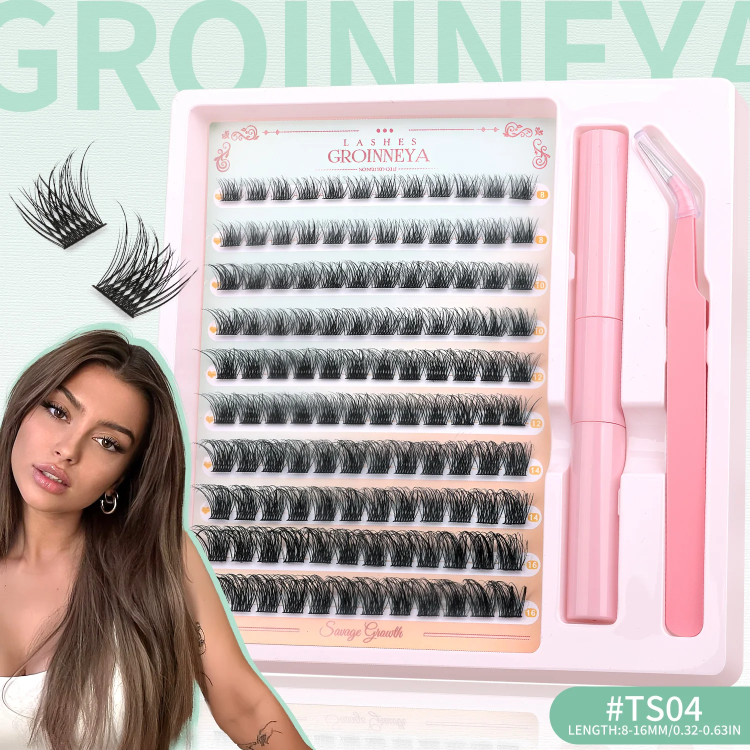 GROINNEYA Flauschiges Wimperncluster-Set mit wasserdichtem, starkem Halt, DIY-Wimpernverlängerungsset, Wimpernbindung, Versiegelung und Wimpernpinzette, Make-up – Detail 4