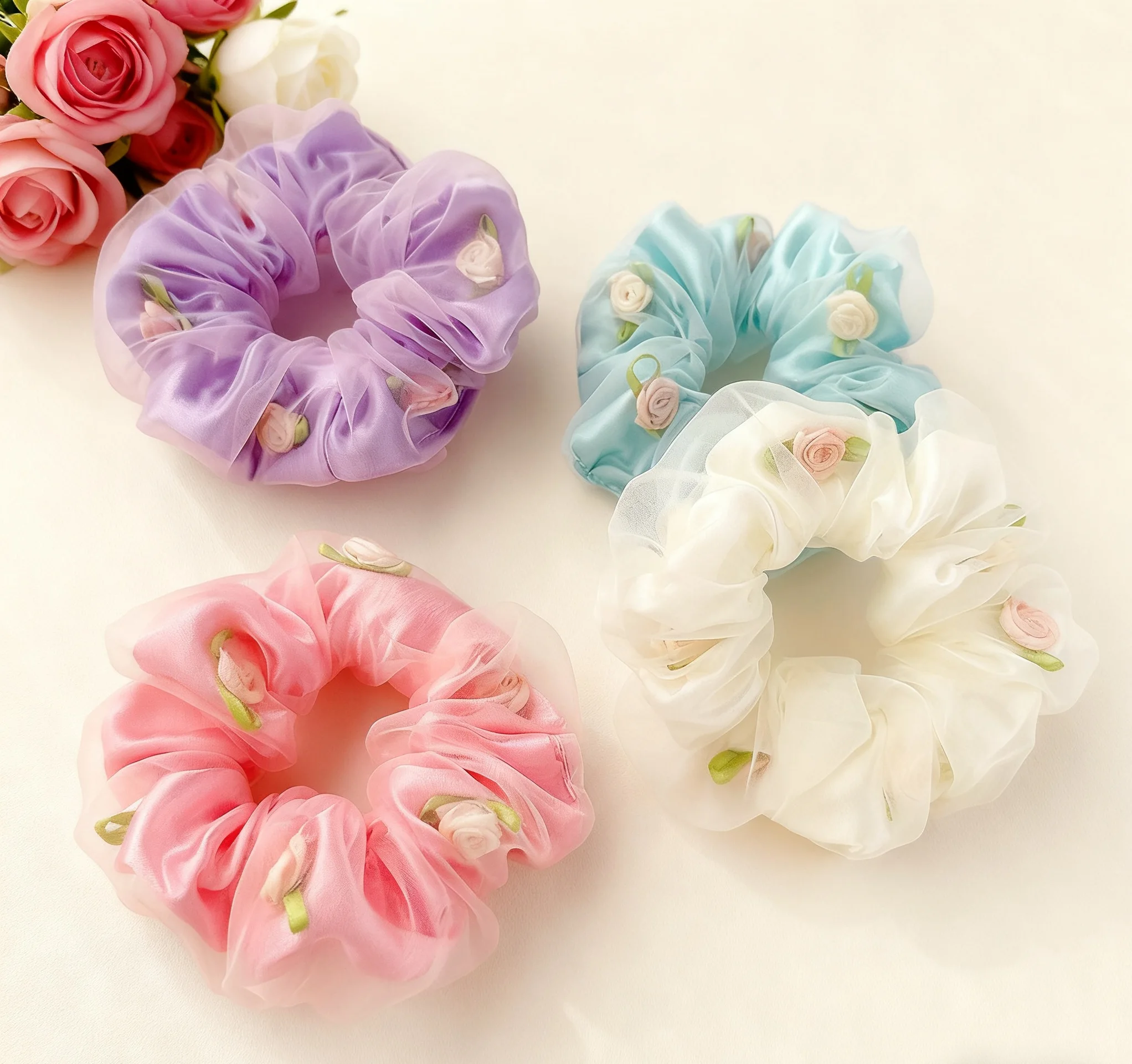 Sweet Fresh European American Style Chiffon Flower Scrunchies New Women's Hair Ties Elastic Bands 11cm for Daily/Festival Use