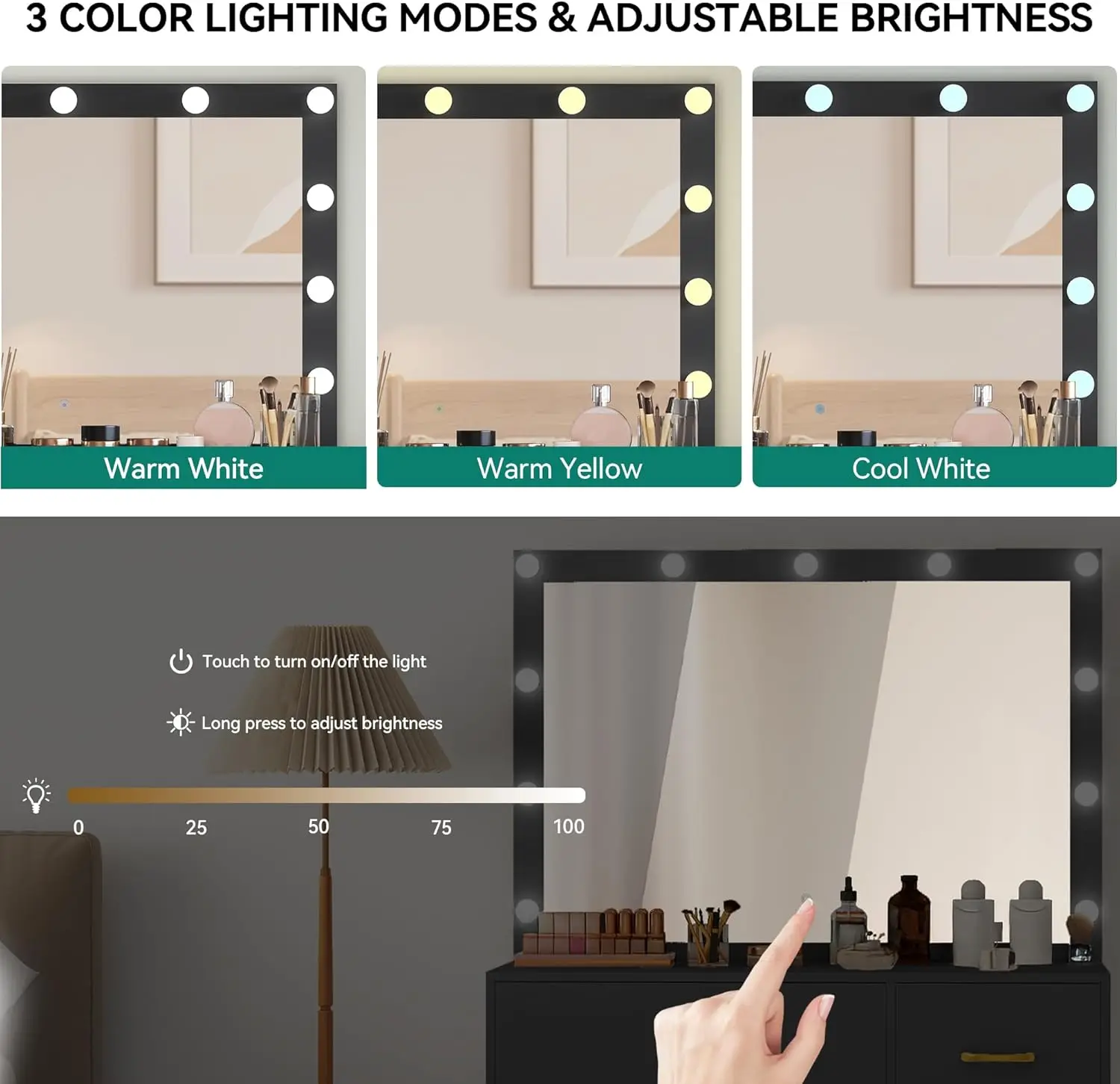 Lighted Mirror Makeup Vanity Desk with Power Outlets, Storage Drawers, and Stool