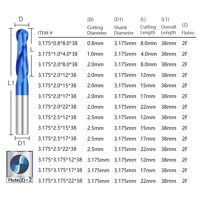 XCAN Ball Nose End Mill 3.175 4 6 8 10 12mm Shank Carbide Milling Cutter 2 Flute Nano Blue Coated CNC Router Bit For Woodworking