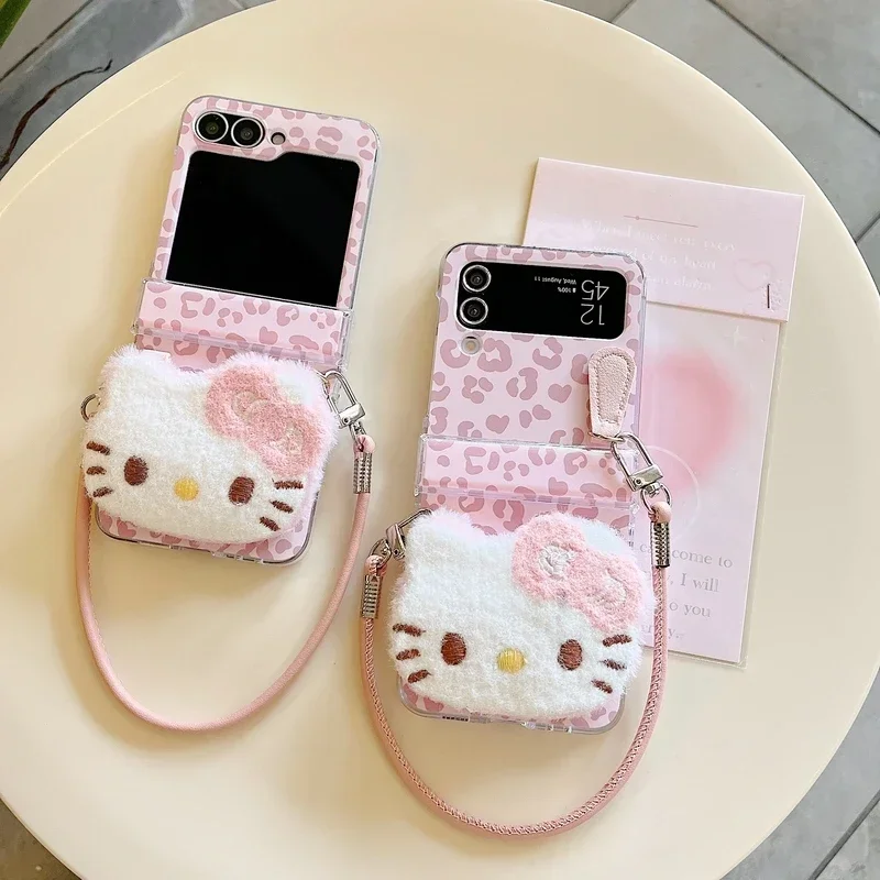 3D Cute Cartoon Sanrio Hello Kitty Leopard Print Furry Plush Phone Case For Samsung Galaxy Z Flip 6 5 4 3 Cover With Lanyard