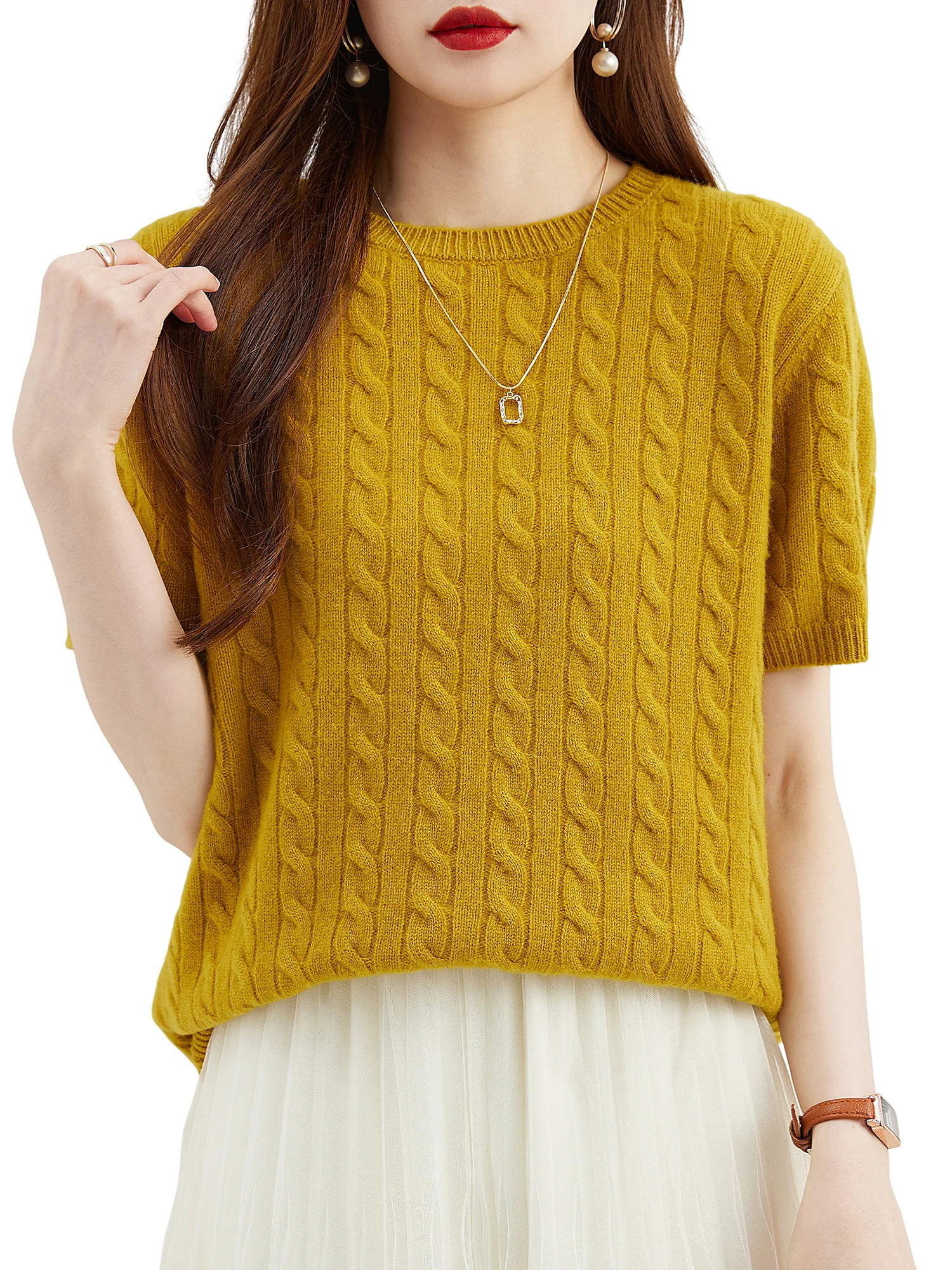 

Top Women 100% Merino Wool Women's Sweater Crewneck Short Sleeve Knit Pullovers 2023 Summer Autumn Sweater Tops Vintage Jerseys