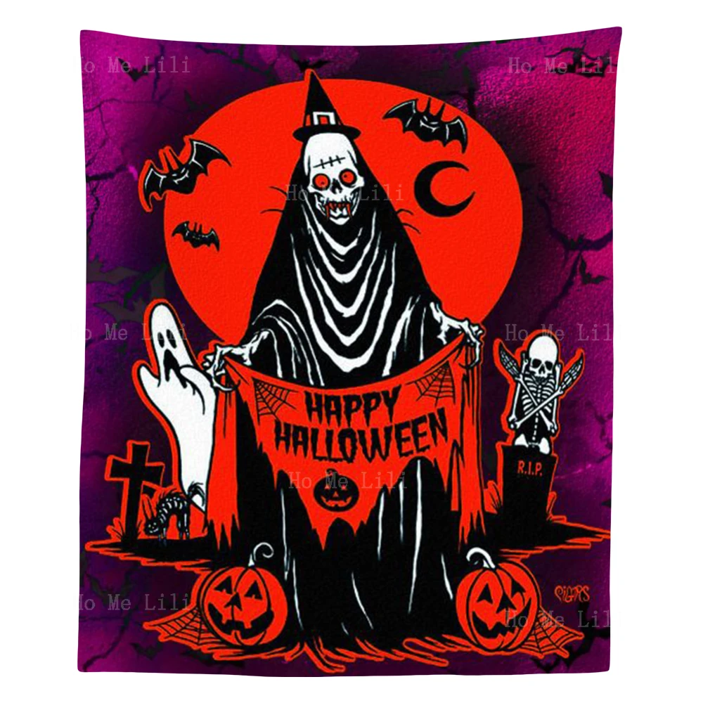 Evil Art Wednesday Happy Halloween Bat Ghost Skeleton Lonely White Cute Ghost And Jack-O '-Lantern Tapestry For Livingroom Decor