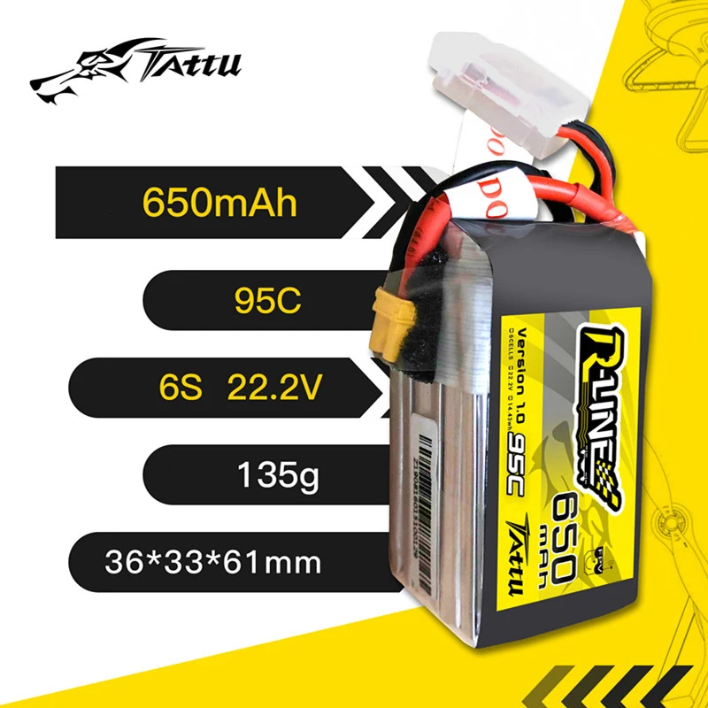 TATTU R-LINE 1.0 650mAh 95C 22.2V LiPo Battery For RC Helicopter Quadcopter FPV Racing Drone Parts 6S Battery With XT30 Plug