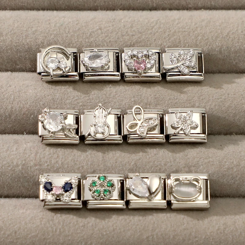 الزركون القلب القوس الكرز الصليب ستار القمر اللؤلؤ الصلب اللون الإيطالية سحر الروابط صالح 9 مللي متر الفولاذ المقاوم للصدأ سوار النساء DIY بها بنفسك صنع