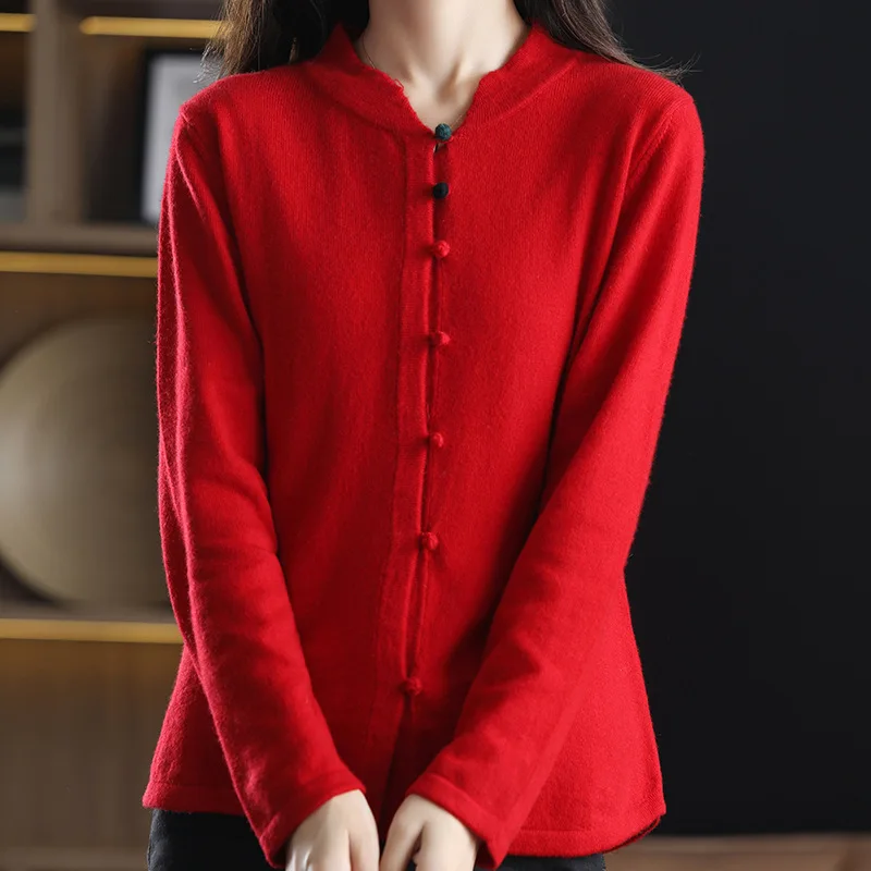 

Spring And Autumn New Wool Stand Collar Cardigan Women, Red Sweater Coat Year Of Birth, Loose And Casual Outerw