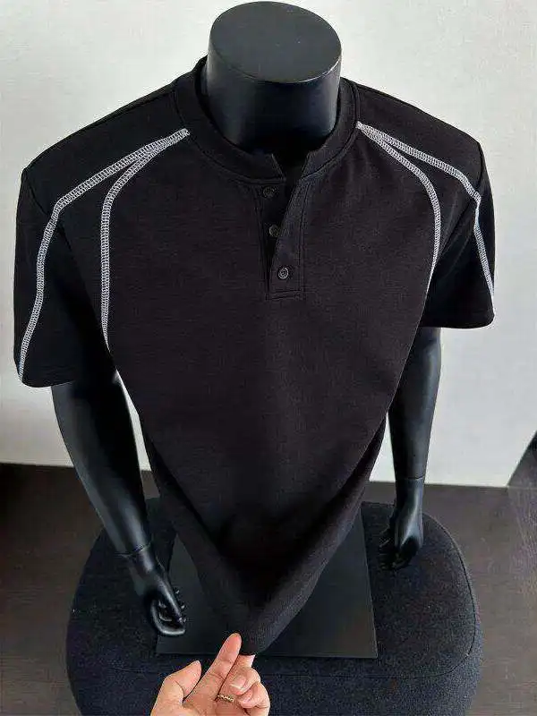 Cleanfit American Style Black Short Sleeve Men's T-shirt Heavyweight Henry Collar Half Sleeve Summer Fashion Casual Top