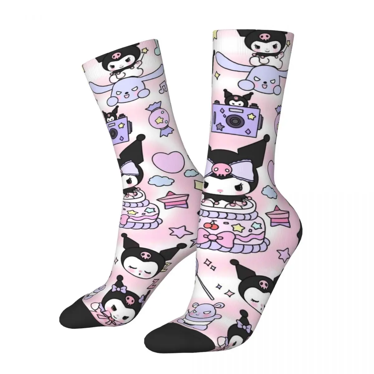 Unisex Harajuku Kuromi Futebol Meias, Meias longas do poliéster, Desenhos animados