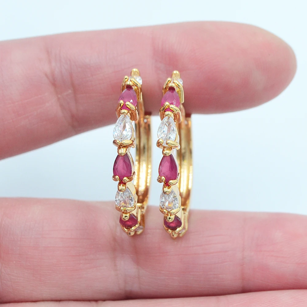 Gold Color Women Fashion Rose Red Teardrop Zircon CZ Huggie Hoop Earrings Jewelry