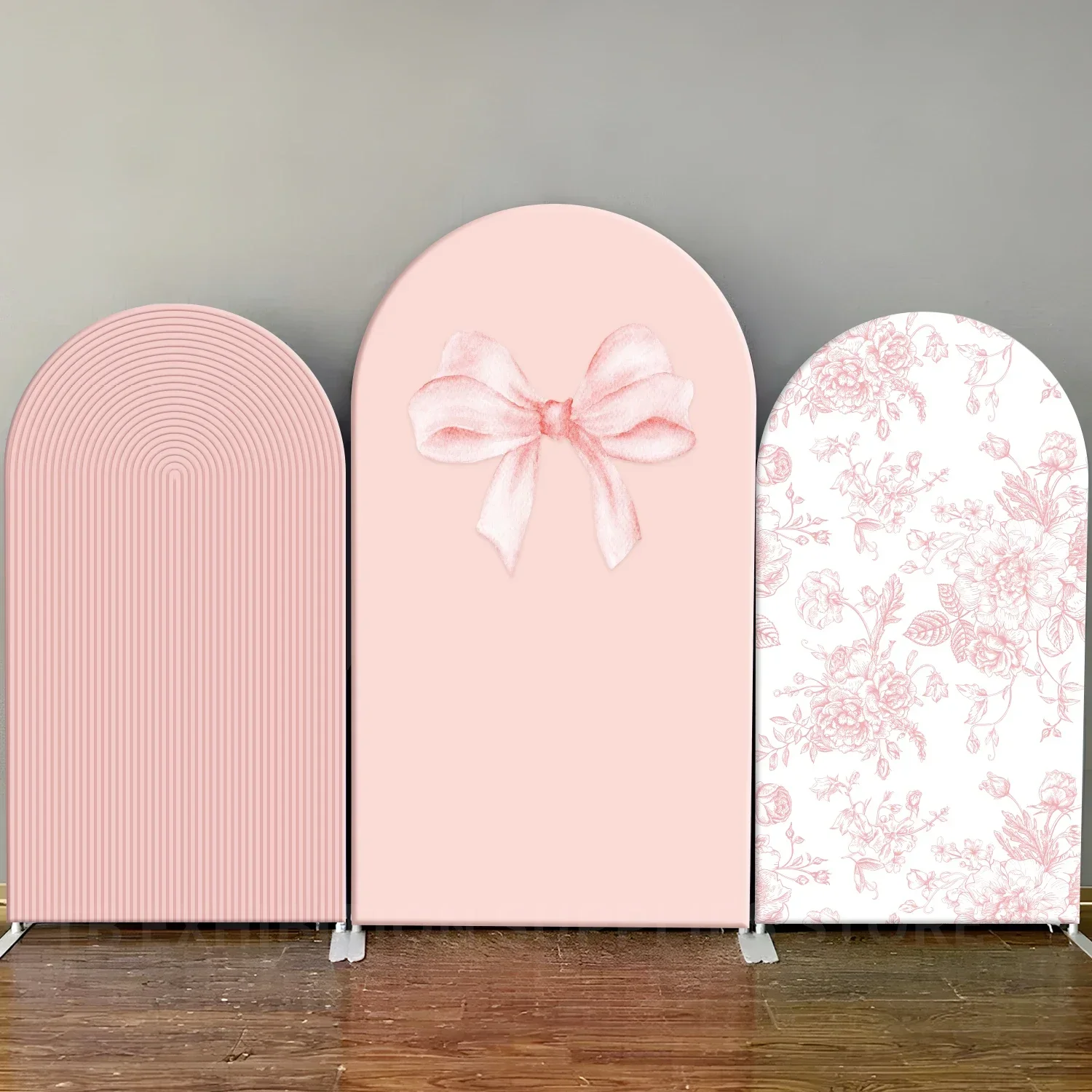 

Girl Birthday Arch Backdrop Cover Pink Bows Florals Pattern Photography Studio Background Baby Shower Custom Party Decorations