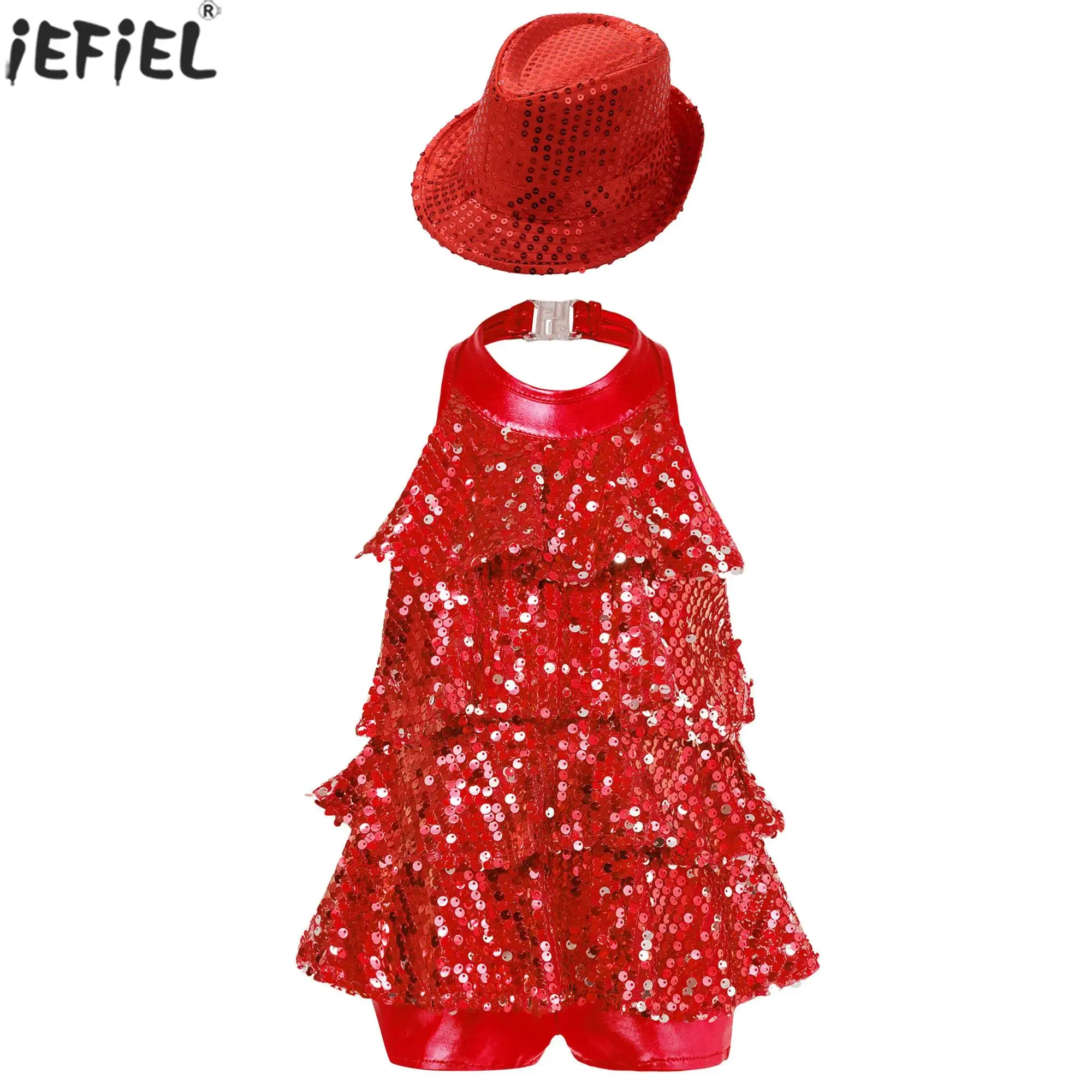 Children Girls Hip Hop Jazz Dance Costume Latin Cha-cha Ballet Gymnastics Bodysuit Halter Sequin Ruffles Leotard Dress with Hat