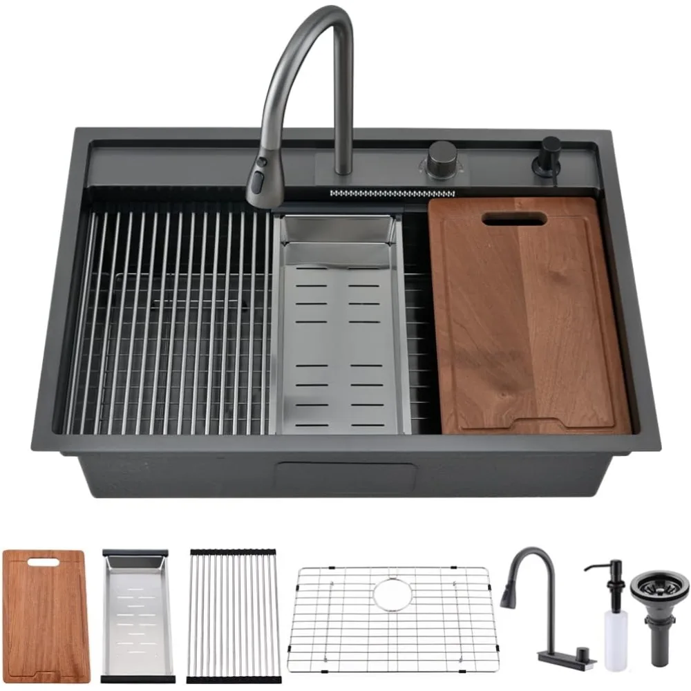 33 Inch Black Drop In Waterfall Kitchen Sink 33x19 Drop In Kitchen Sink with Facuet Workstation 16 Gauge Single Bowl