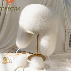Real Fur 100% Fox Skin Russian Businessmen Pilot Bombers Full Mao Men's hat Ushanka Winter Ear Guard Hat Raccoon Fur Beanie hat