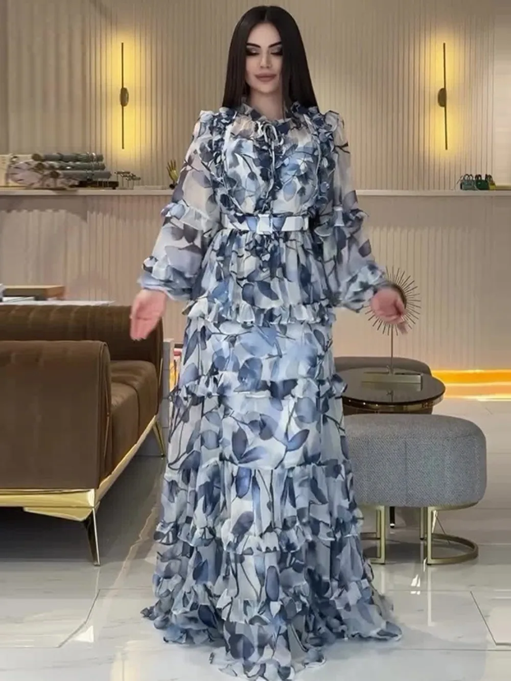 Eid femmes Robe de soirée Abaya musulman à volants imprimé Jalabiya Ramadan doux longues robes robes Largos caftan arabe longue Robe 2025