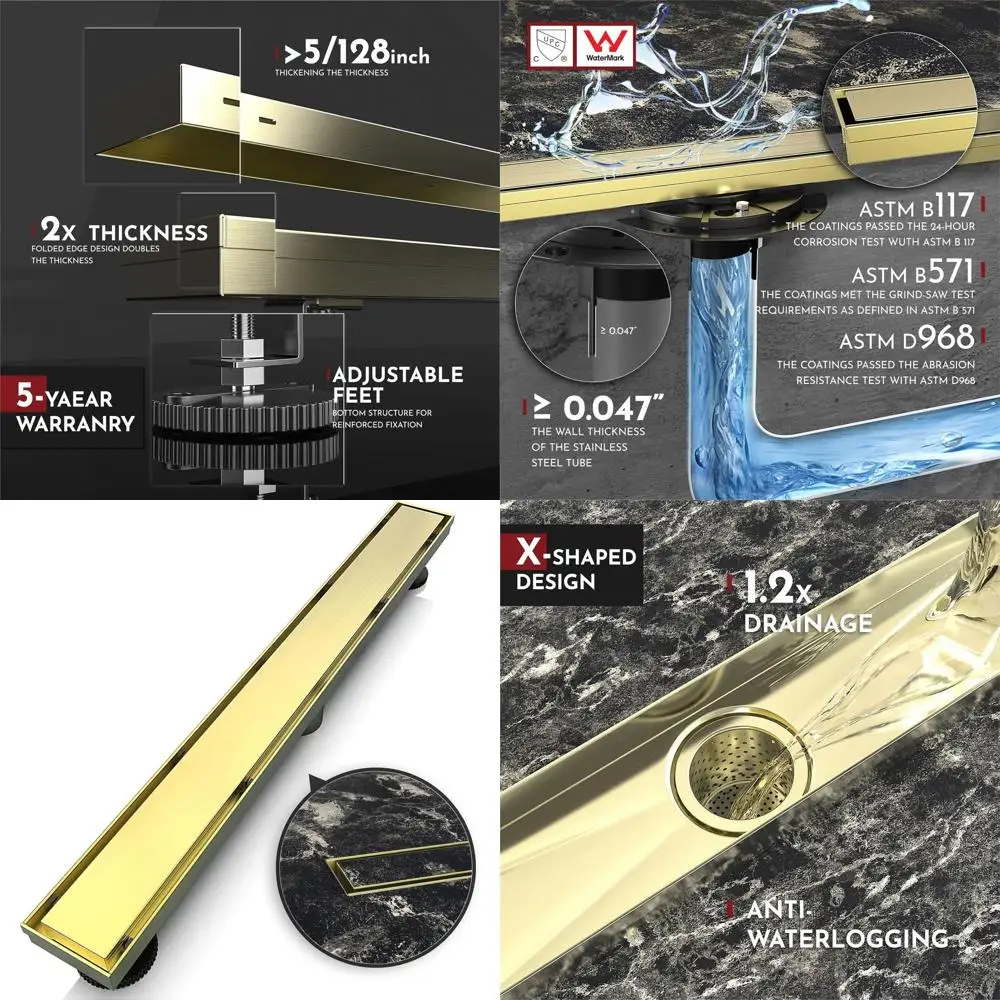 Sifone doccia lineare 36 con copertura reversibile 2-in-1, inserto per piastrelle, griglia, rimovibile, in acciaio inossidabile oro spazzolato