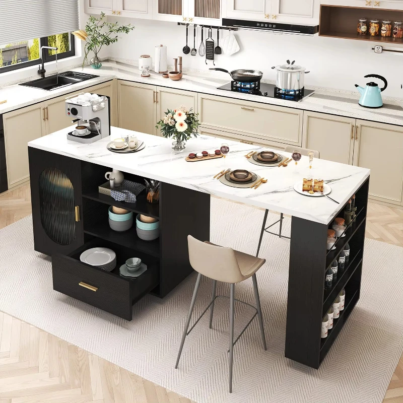 

360 rotating cabinets, mobile kitchen island with drawers and shelves, with wheels, for restaurant family bar kitchen
