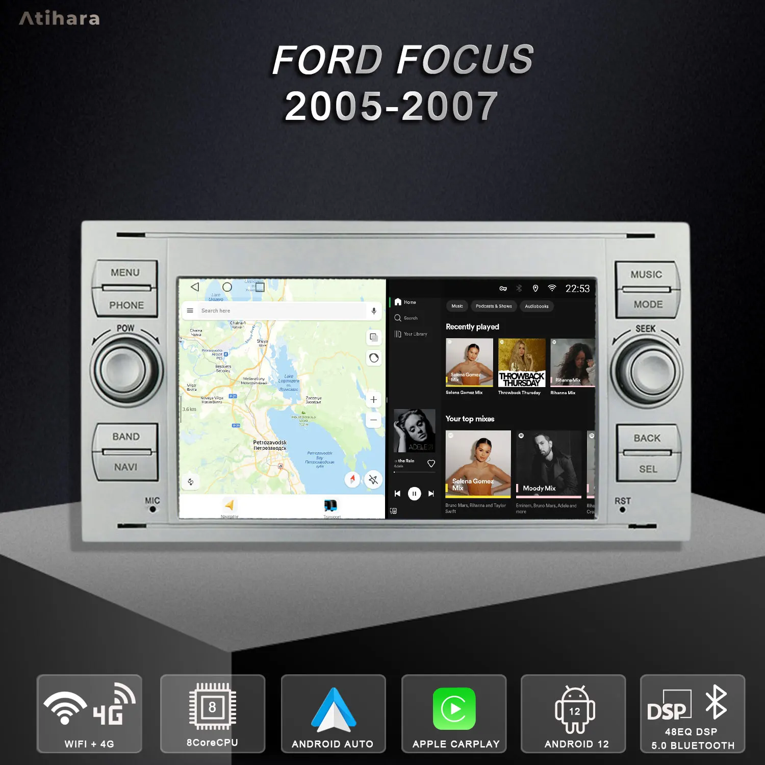 

Atihara 7" Android Carplay Auto For Ford Focus 2005-2007 Car Radio, WIFI+4G GPS Multimedia Video Player HD RDS DSP Stereo Silver