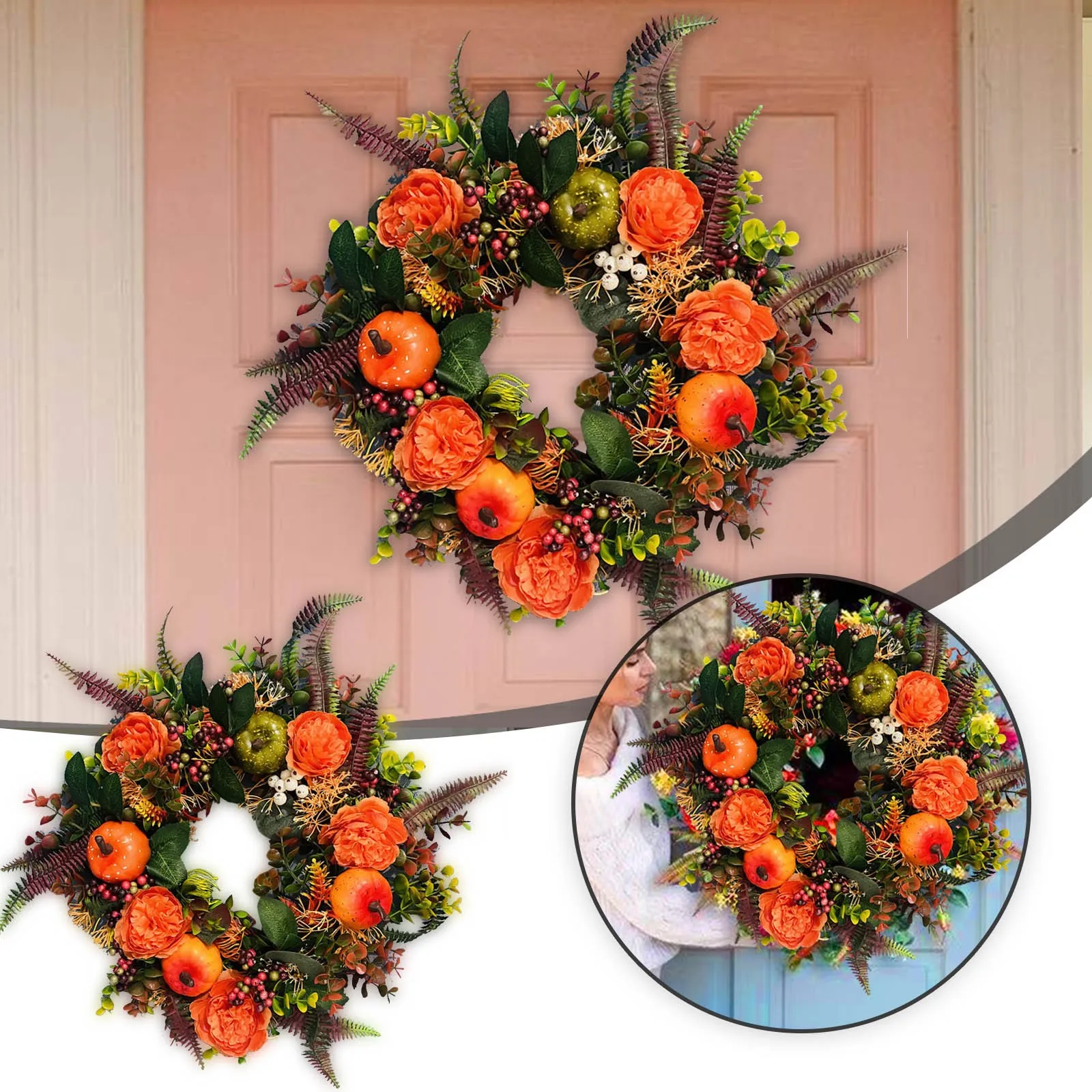 Fall Peony and Pumpkin Sunflower Wreath Festival Celebration Thanksgiving Round Wreath Autumn Front Door Home Farmhouse Decor