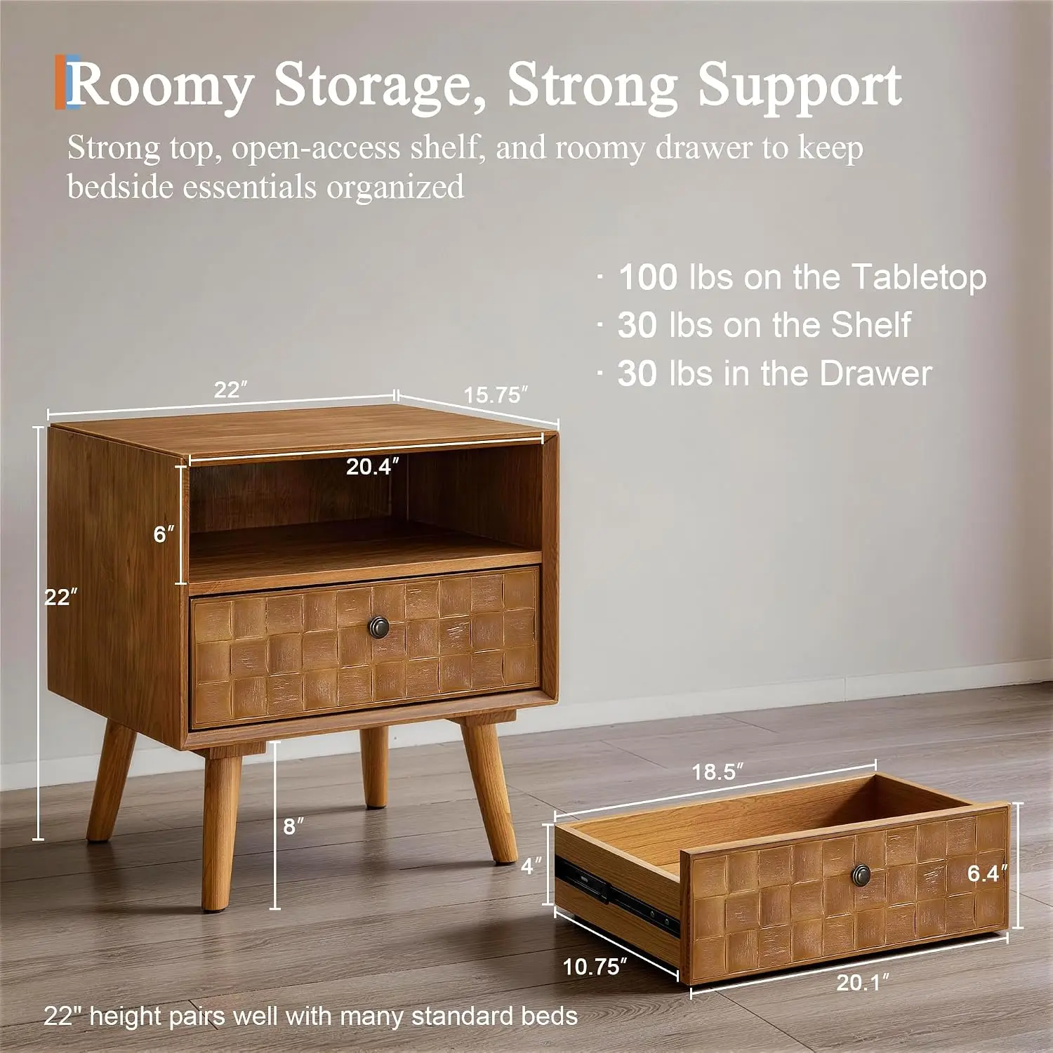 Mid-Century Wood Nightstand with Drawer & Open Shelf, Solid Wood Legs Smooth-Glide Storage Bedside Table, Customized