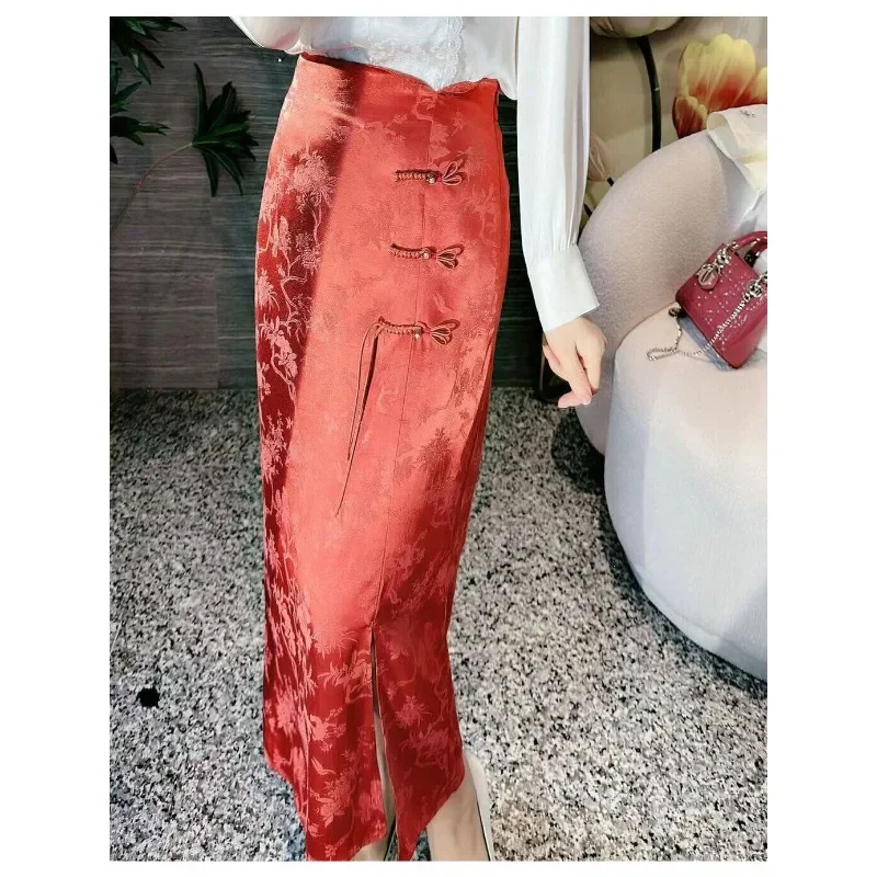 5 Color Vintage Handmade Button Side Slit Jacquard Slim Cheongsam Skirt for Women Chinese Style Hip Wrapped Mid Length Skirt