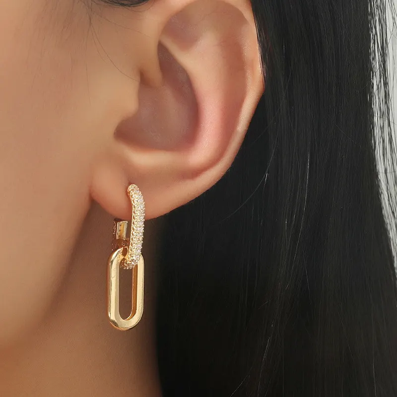 Retro Zirconia Decor Chain Design Drop Earrings Gold Silver Color Geometric irregular Round Earrings for Women Girls Jewelry