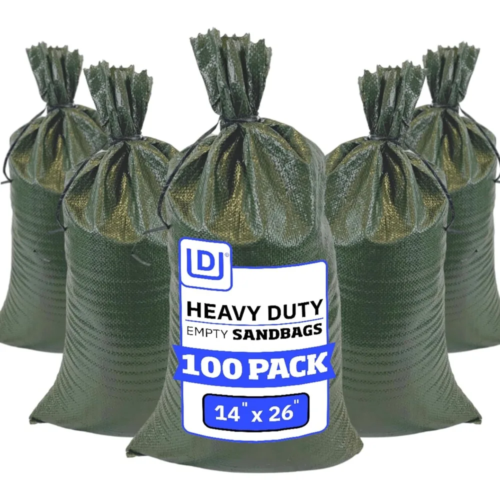 

Heavy Duty Empty Sand Bags with Tie Strings UV Protection 1600 Hours 50 lbs 14x26 Green 100 Pack