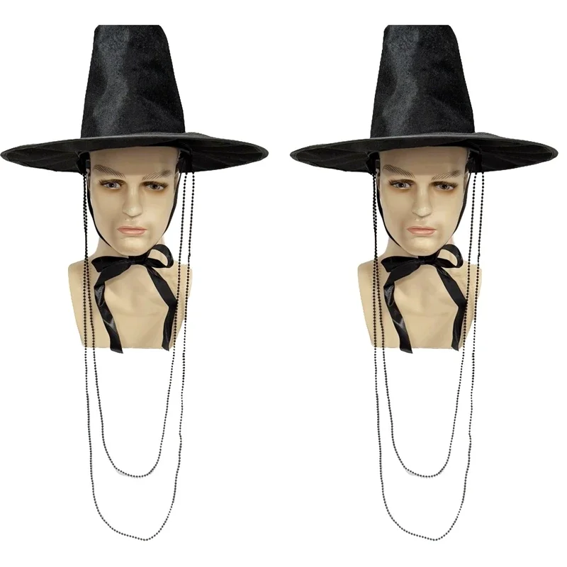 Traditional Korean Costume Hat Wide Brim Black Flat Top Hat With Strap Cosplay Vintage Hanfu Cap For Halloween Stage Party