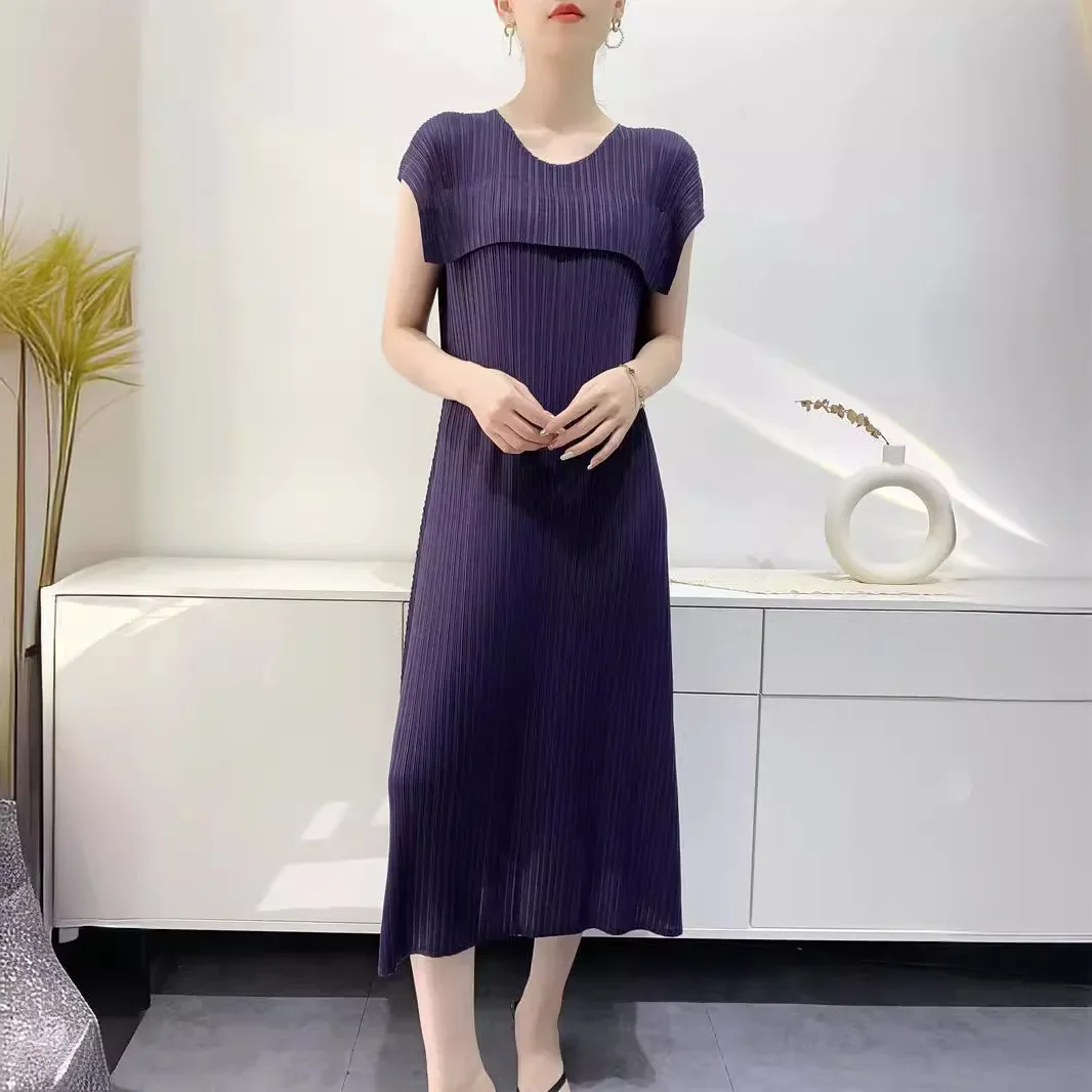 

Pleats Pleated 2024 Summer New Splicing Dresses Women Casual Pleated Mid-length Dresses Wrap Sleeve Loose Plus Size Design Niche