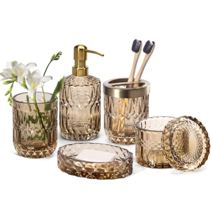 

6PCS Bathroom Clear Glass Accessories Set with Modern Decor Design for Contemporary Spaces Including Lotion and Soap Dispenser
