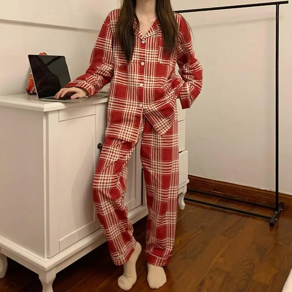 Soft Silky Pajamas Plaid Print Women\'s Pajama Set with Long Sleeve Shirt Wide Leg Pants for Spring Summer Sleepwear Plaid Pajama