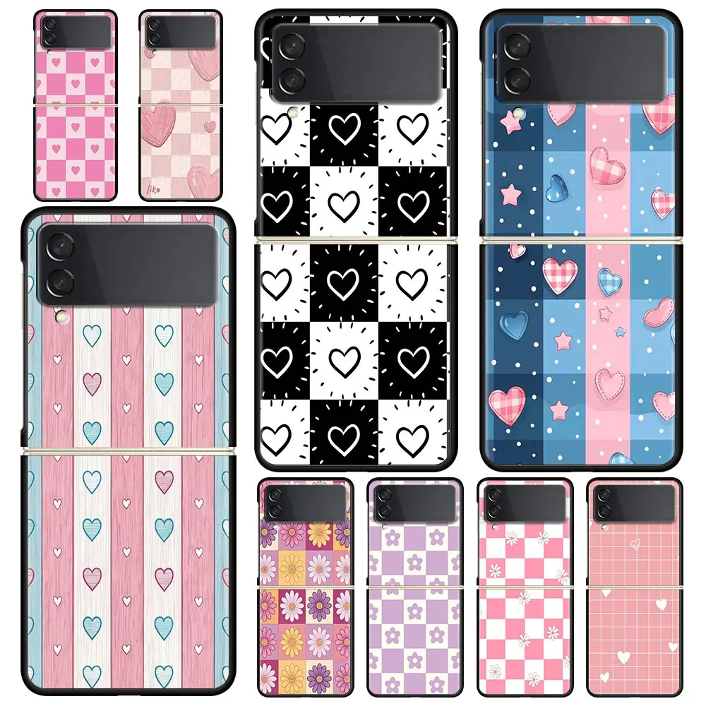 Phone Case for Samsung Galaxy Z Flip 3 4 5 6 7 Folding Black Shell For Samsung Z Flip4 Flip5 PC Hard Cover Pink grid