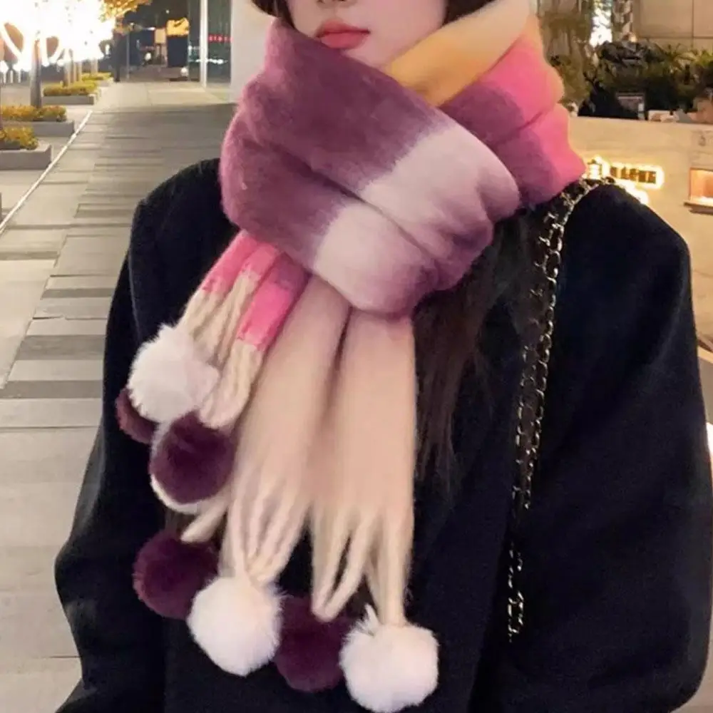 

Rainbow Fuzzy Scarf Plaid Fluffy Scarf Gradient Color Thicken Plush Long Scarves Luxury Colorful Striped Hairball Scarves