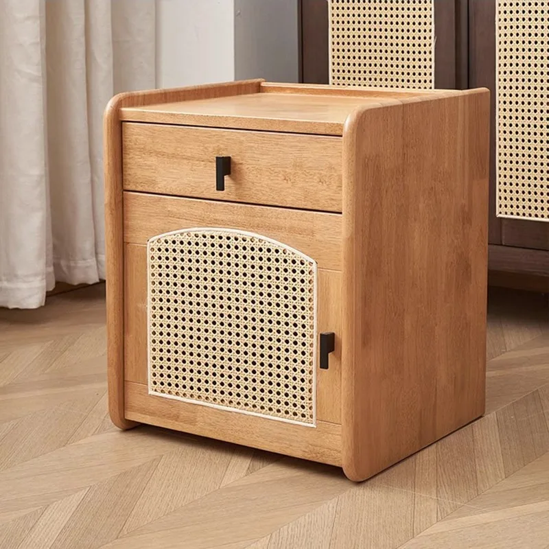 Nordic all solid wood bedside table Japanese rattan rubber wood bedside table Bedroom bedside storage locker Small cabinet