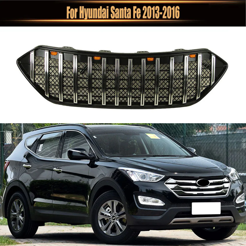 Replace LED Lights ABS Grills Upper Grid Mesh Style Bumper Mask Cover Front Middle Racing Grille For Hyundai Santa Fe 2013-2016