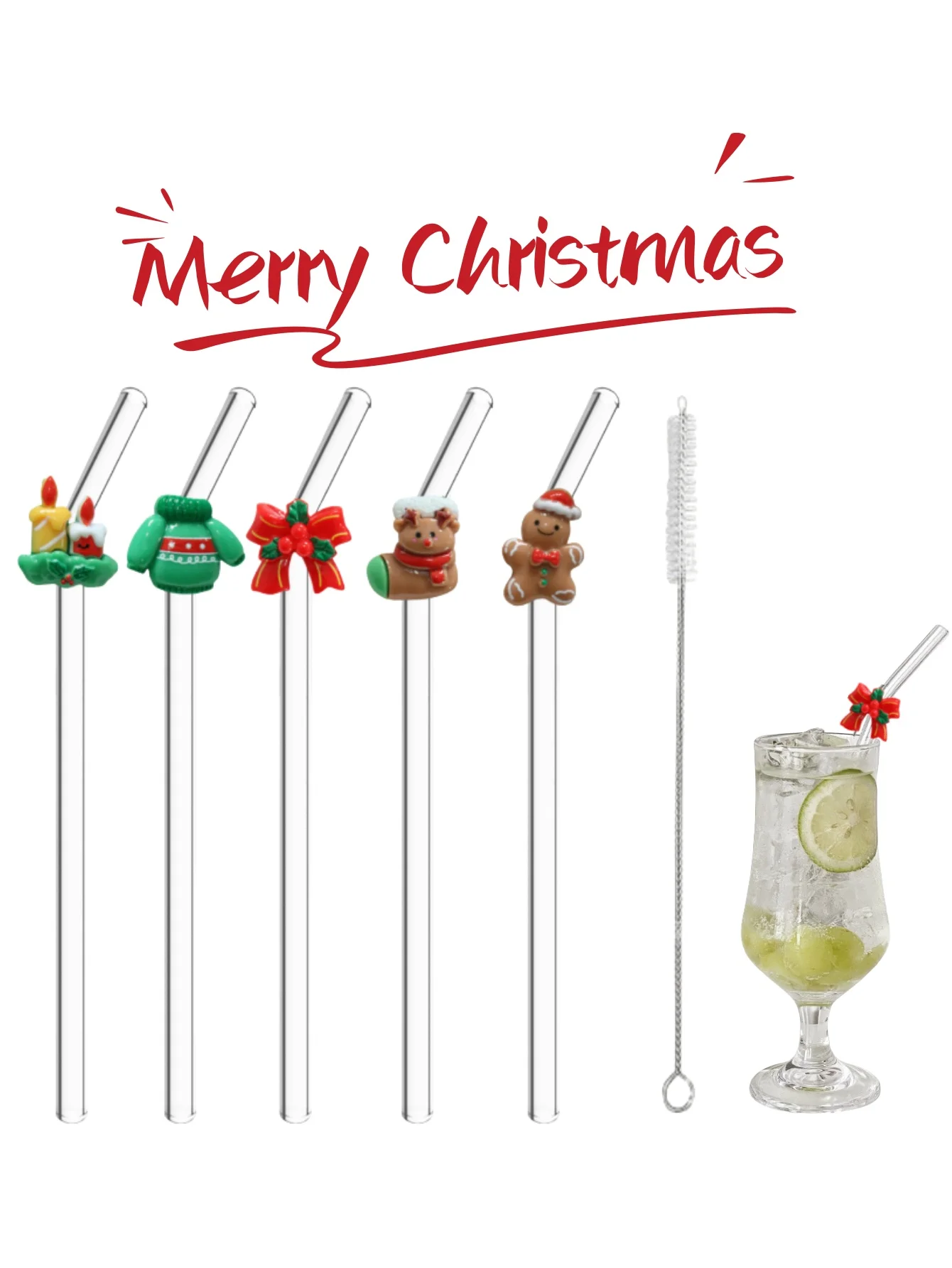 1/5PCS Christmas Glass Straw Set,5 festive designs. Reusable