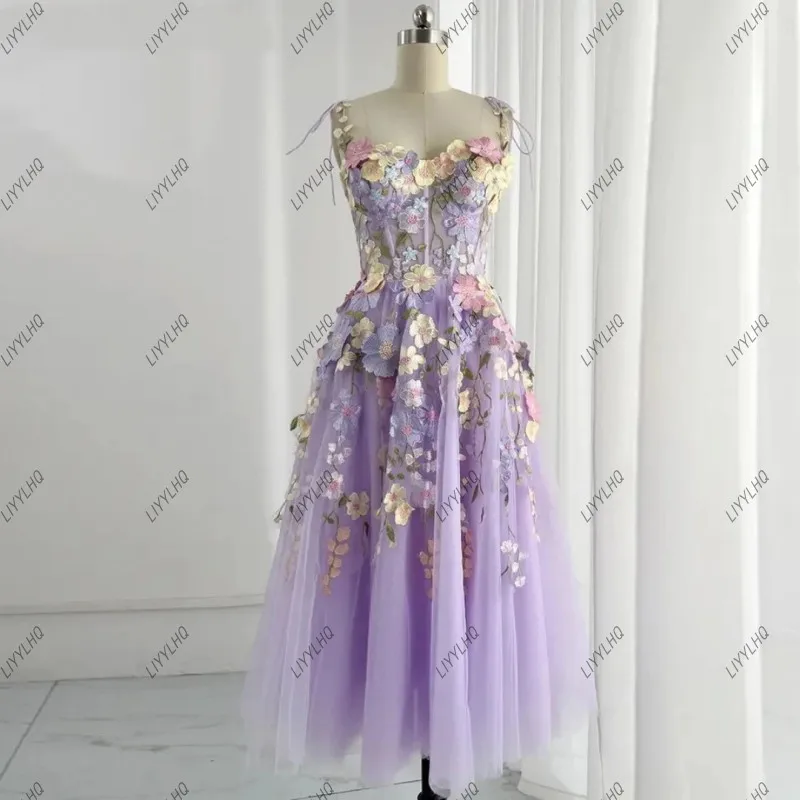 Sparkly Floral Embroidered Applique Prom Dress Popular Lavender Mid-length Vestidos De Noche Girls Tulle Sweet Party Dress