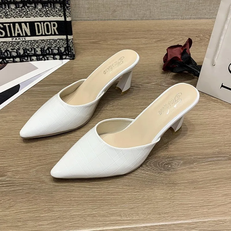 Summer Ladies Shoes 2024 New Retro Pointed Toe Women\'s Slippers Dress Office Slip on Ladies Heeled Shoes Thin Heel Female Mules