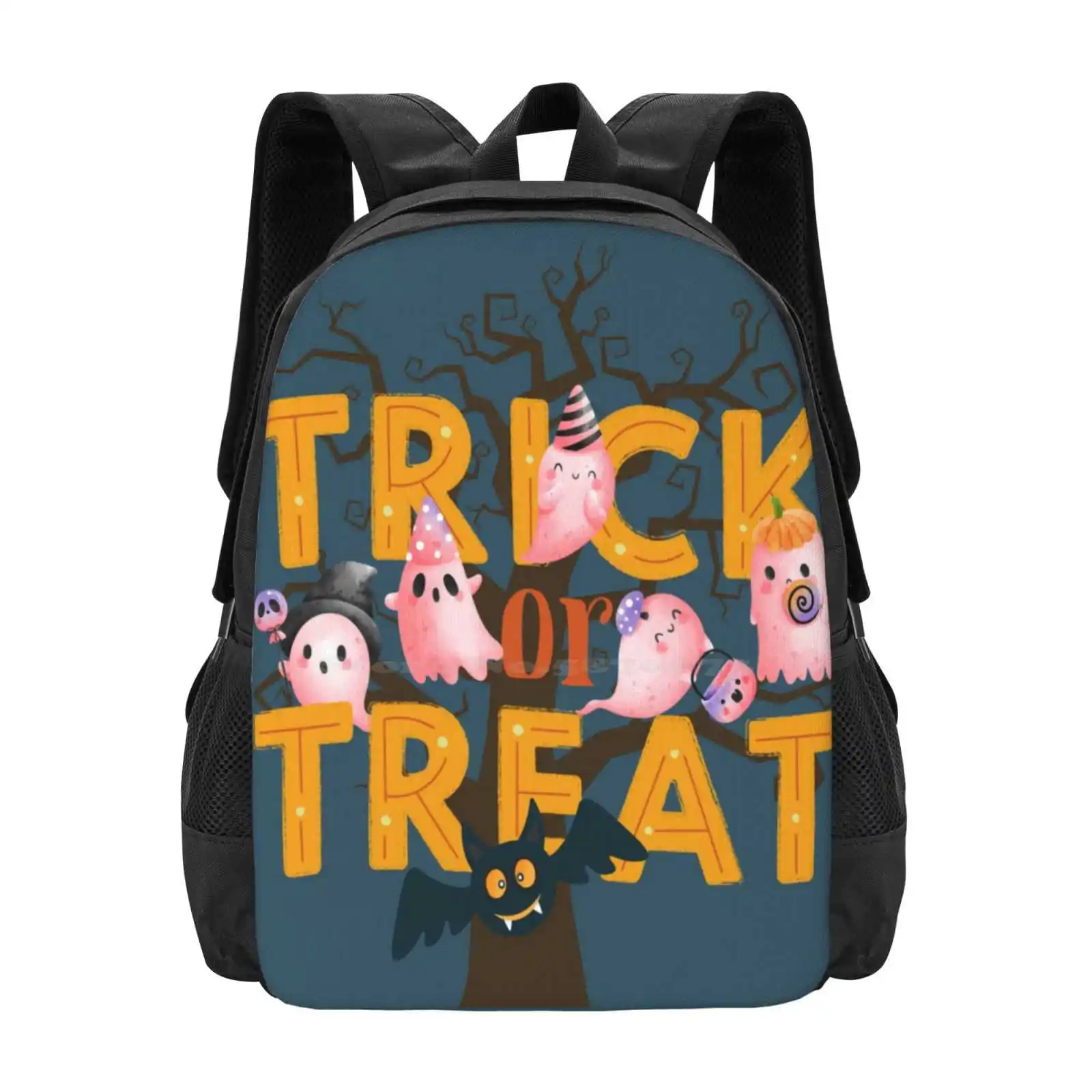 Halloween Time-Playful Ghosts And A Bat , Trick-Or-Treat! Hot Sale Backpack Fashion Bags Happy Halloween Playful Ghosts Bat Boo