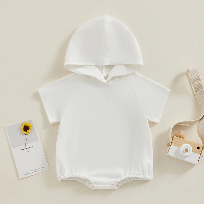 Unisex Baby Hooded Rompers Infant Bubble Short Sleeve Solid Color Casual T-Shirt Bodysuit Top Summer Baby Jumpsuits Clothes