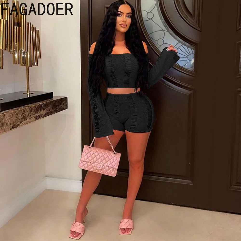 FAGADOER Sexy Knitting Hollow Out Shorts Two Piece Sets Women Off Shoulder Crop Top And Shorts Outfits Female Solid 2pcs Suits