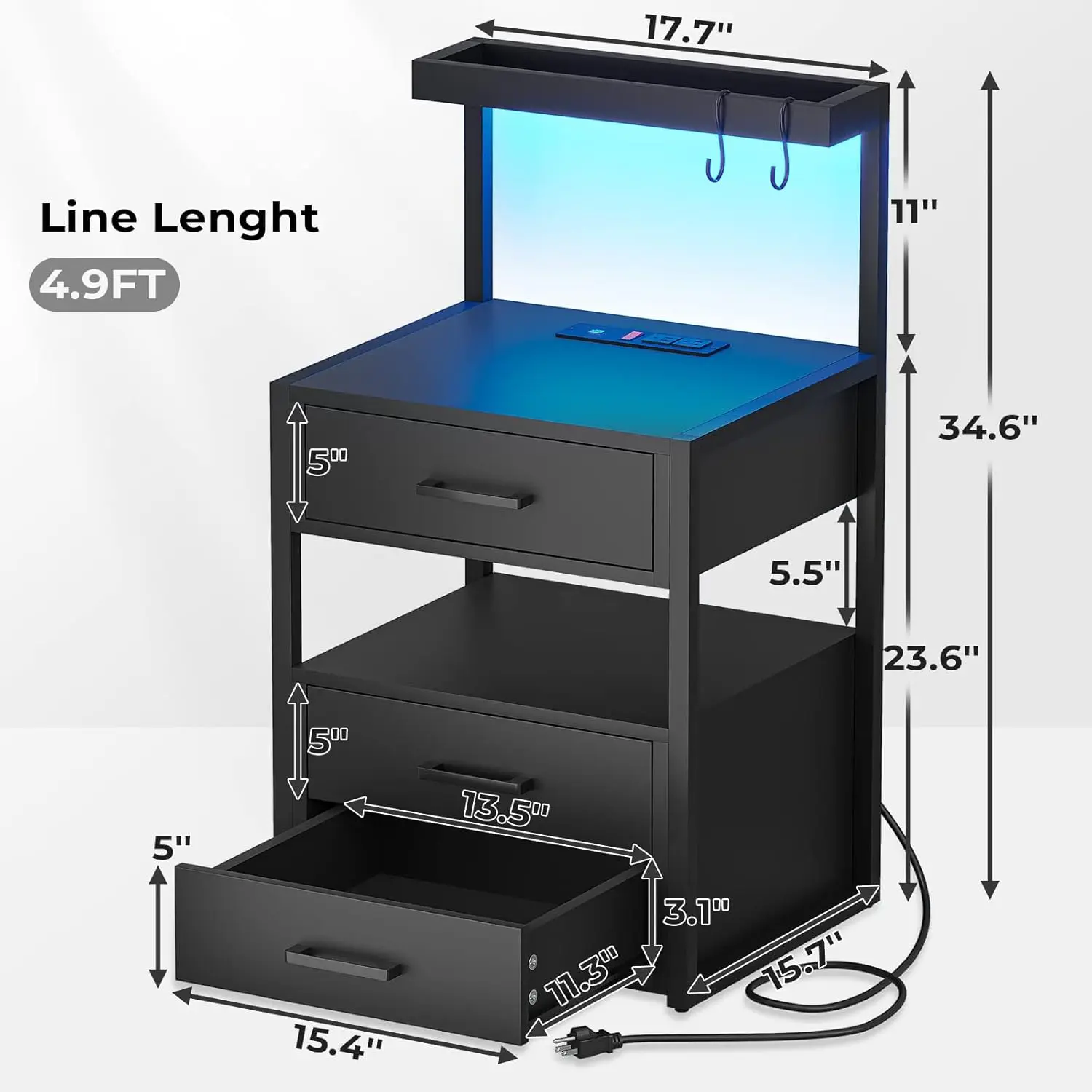 Nightstand with Charging Station and LED Lights, Night Stand with 2 USB Ports and 2 AC Outlets, Customized