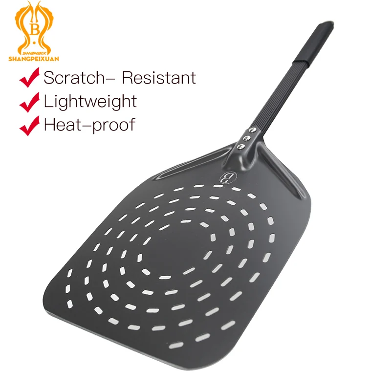 SHANGPEIXUAN 12 Inch Perforated Circle Pizza Peel Circular Hard Anodized Pizza Shovel Aluminum Aolly Pizza Tools