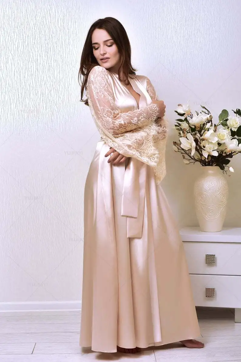 Robe Kimono Longue en Satin avec Garniture en Dentelle pour Patients, Vêtement de Nuit et Pyjama pour ixde Mariage et Photographie