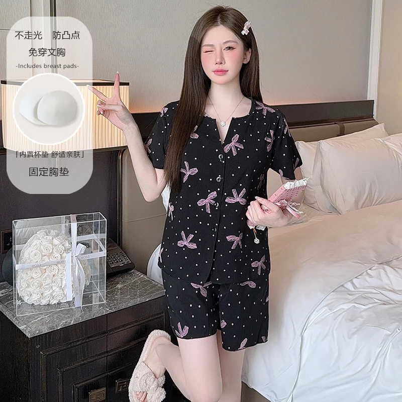 

Женский летний домашний комплект: пижама с коротким рукавом, шорты и кардиган на пуговицах с вкладышами для груди, новинка 2026 года, милый и очаровательный, можно носить как домашнюю одежду.