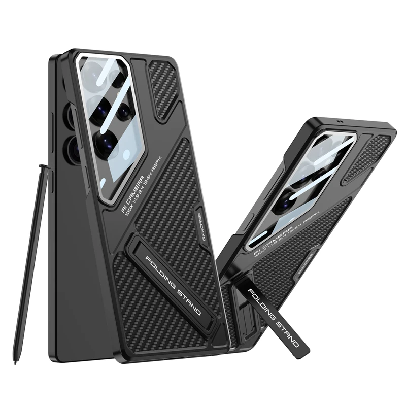 Luxury Ultra-Thin Matte Leather Holder Phone Case For Samsung Galaxy S23 S24 S25 Ultra PC Lens Protection Hard Shockproof Cover