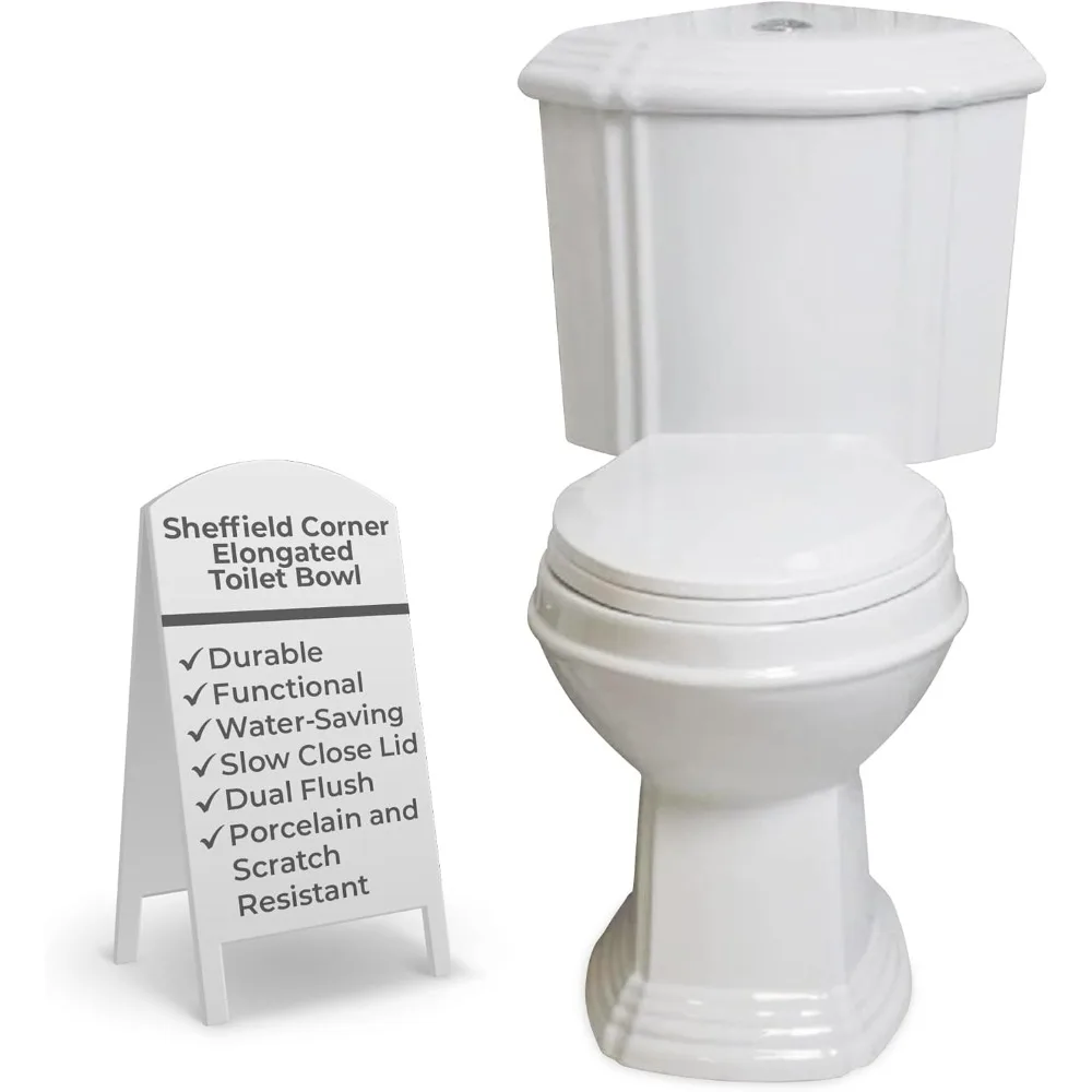 

Sheffield Corner Elongated Toilet Bowl - Heavy Duty 2-Piece Oval Toilet in White - Dual Flush with Slow Close