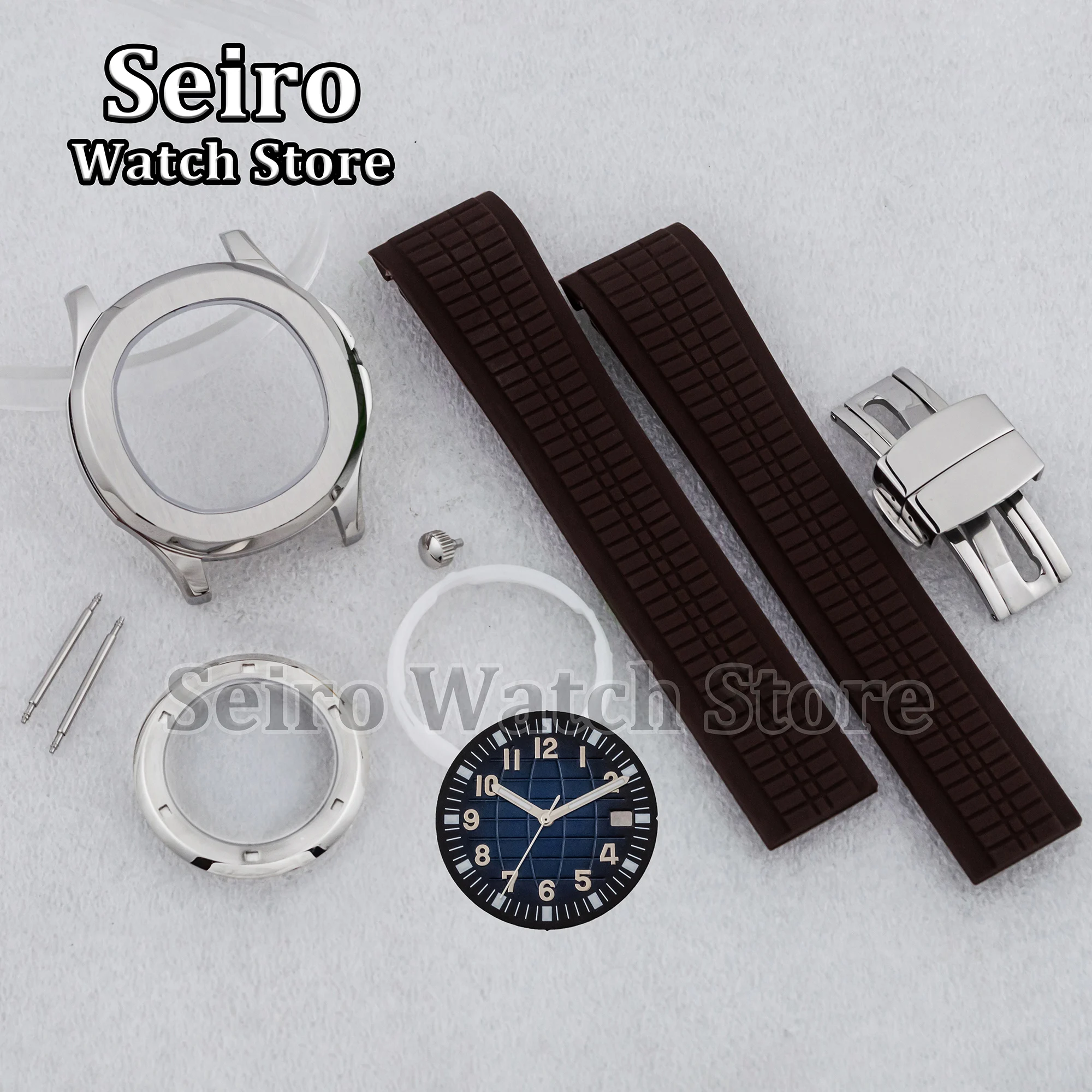 

42MM Watch Case Rubber Strap 32MM Luminous Dial Hands Blue Brown Bracelet Watchcase for AQUANAUT Nautilus NH35 NH36 Movement